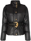 VERSACE HOODED BELTED FEATHER DOWN PUFFER JACKET