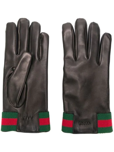 Gucci Web Striped Leather Gloves In Black