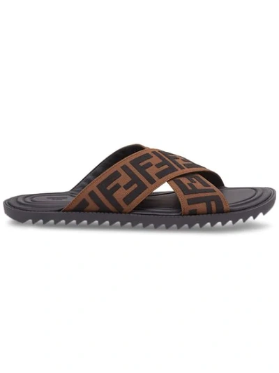 Fendi Double Crossed Band Logo Slides With Jacquard Ff Design In Black