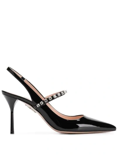 Miu Miu Crystal-embellished Patent-leather Slingback Pumps In Black