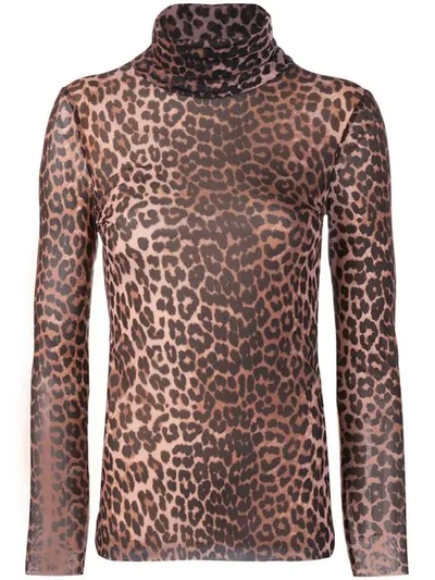 Ganni Leopard-print Roll-neck Mesh Top In Black/beige Leopard