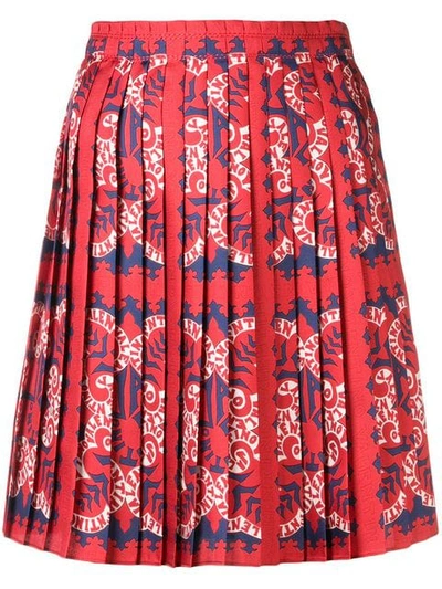 Valentino Logo Print Pleated Mid-length Skirt In Mby Brick/pure Blue