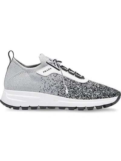 Prada Knitted Lace-up Trainers In Silver