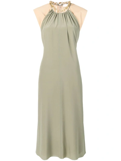 Chloé Two-tone Chain-embellished Silk Dress In Green