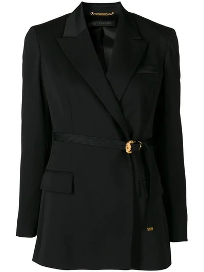 Versace Belted Stretch Wool Blazer In Black