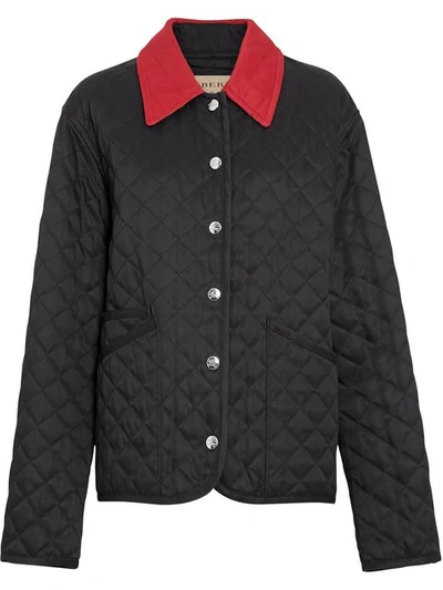 Burberry Button-front Diamond Quilted Barn Jacket With Contrast Collar, Black