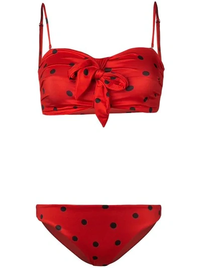Ganni Polka-dot Tie-front Bandeau Bikini In Red