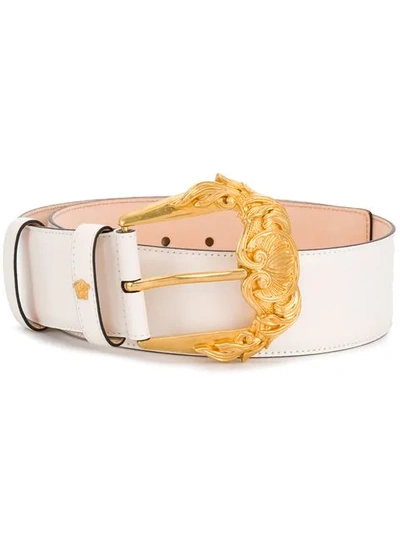 Versace 40mm Leather Belt W/ Gold Buckle In Off White
