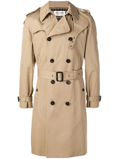 Saint Laurent Sand Double-breasted Gabardine Trench Coat In Light Beige