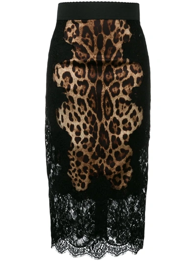Dolce & Gabbana Lace And Leopard-print Charmeuse Midi Skirt In Black,leo