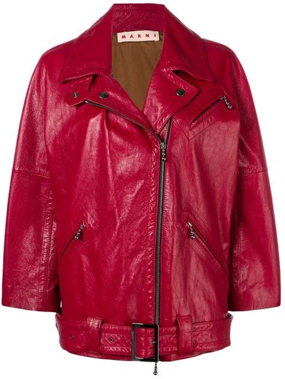 Marni Leather Biker Jacket In Maroon