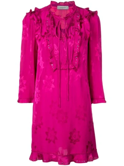 Coach Embellished Floral Jacquard Ruffle Dress In Color<lsn_delimiter>fuschia
