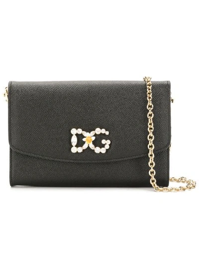 Dolce & Gabbana Crystal-embellished Leather Logo Mini Bag In Black