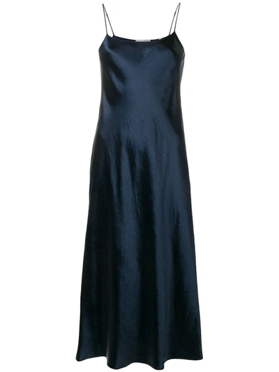 Vince Sleeveless Satin Slip Midi Dress In Blue