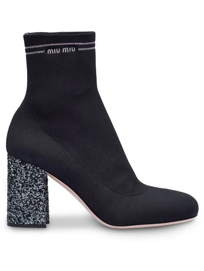 Miu Miu Stretch-knit Ankle Boots In Black,silver