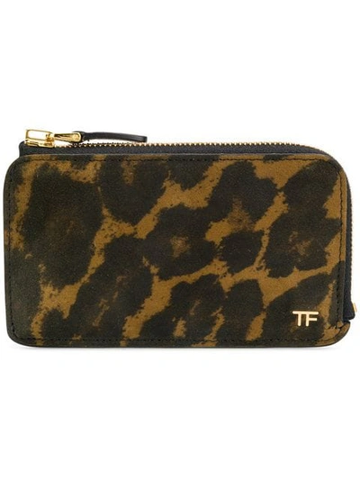 Tom Ford Suede Leopard Print Zipped Wallet In Brown