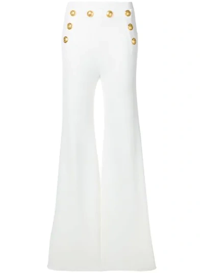 Balmain Button-embellished Stretch-knit Flared Pants In White