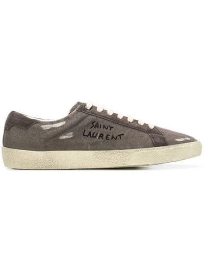 Saint Laurent Distressed Logo Canvas Trainers In Grey