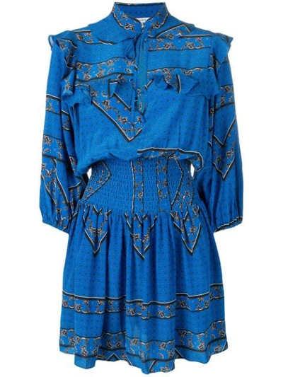 Ganni Sandwashed Silk Smocked Minidress In Blue