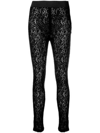 Dolce & Gabbana Green Floral Lace Leggings Trousers In Black