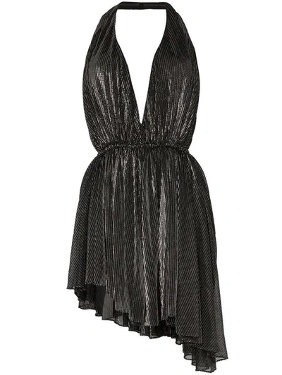 Saint Laurent Asymmetric Striped Lamé Halterneck Mini Dress In Black