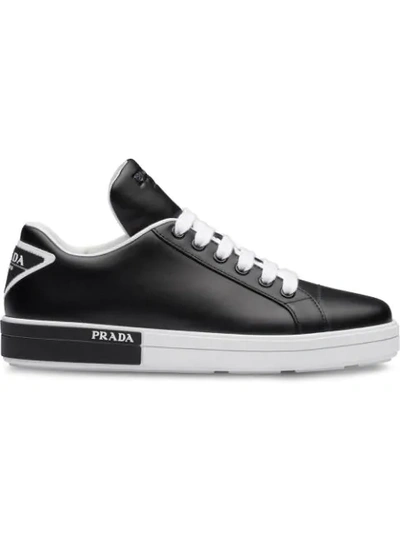 Prada Leather Low-top Sneakers With Two-tone Heel In Black/white