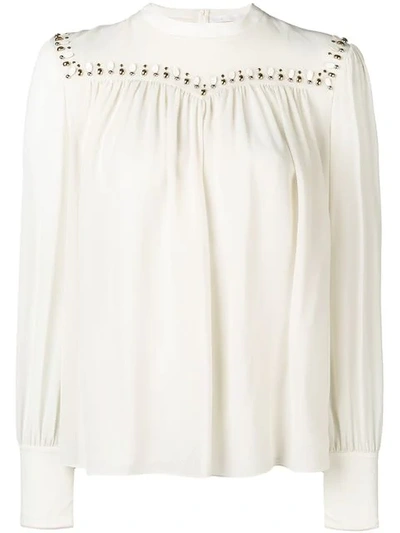 Chloé Embroidered Long-sleeve Silk Top In Neutrals