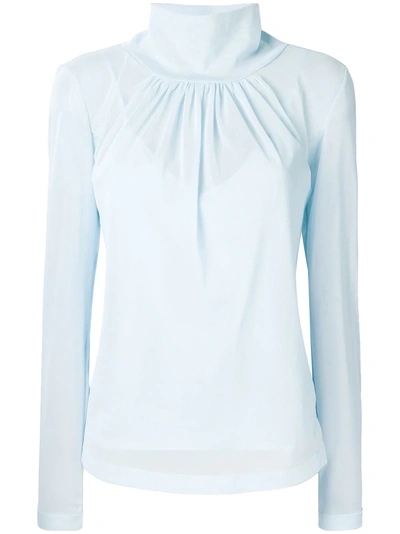 Victoria Beckham Gathered-neck Long-sleeve Sheer Top In Light Blue