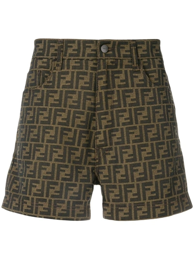 Fendi Allover Logo Printed Cotton Blend Shorts In Beige