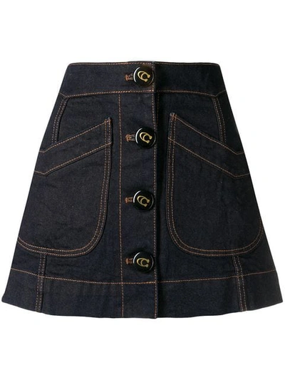 Coach Button-front Denim Mini Skirt With Topstitching In Blue