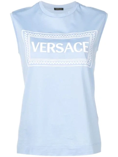 Versace Embroidered Logo Tank Top Azure & White In Azure/white