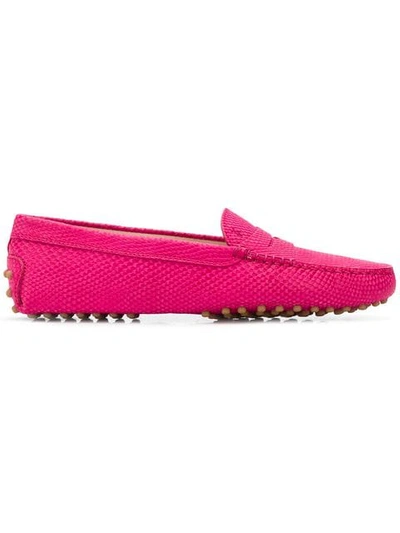 Tod's Gommini Crocodile-effect Suede Loafers In Fuchsia