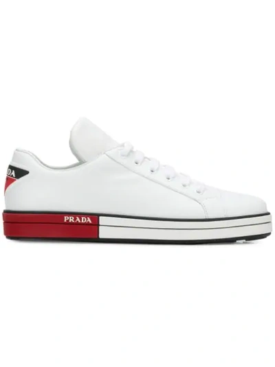 Prada Platform Sole Sneakers In White + Red