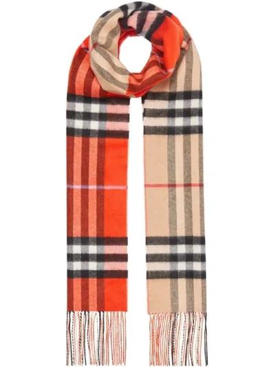 Burberry Reversible Giant Check Cashmere Scarf In Bright Orange