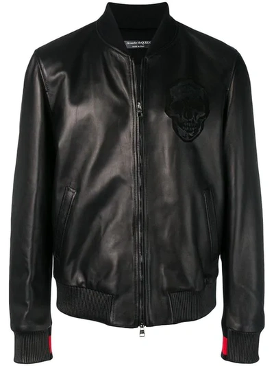 Alexander Mcqueen Black Lamb Leather Bomber Jacket With Fabric Inserts In Black/red