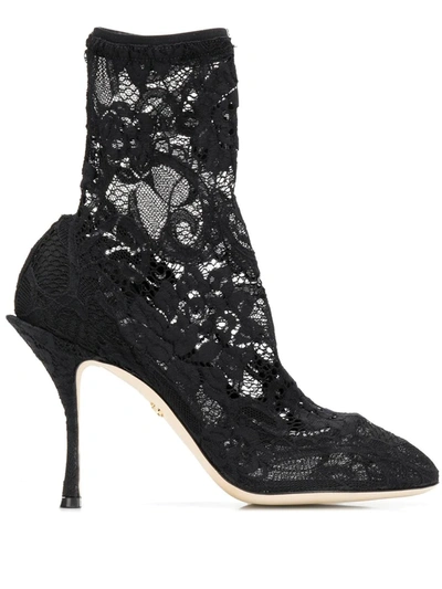 Dolce & Gabbana Black Ankle Boot In Stretch Lace And Gros Grain