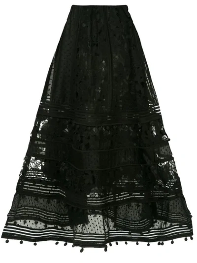 Zimmermann Pompom-trimmed Broderie Anglaise And Embroidered Cotton-blend Midi Skirt In Black