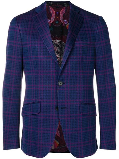 Etro Houndstooth Tartan-patterned Single-breasted Cotton-blend Blazer In Blue