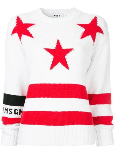 Msgm Star & Logo Intarsia Cotton Knit Sweater In White