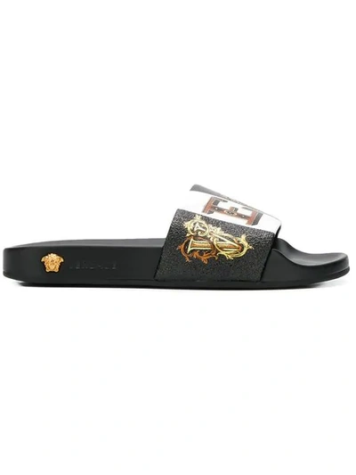 Versace Printed Rubber And Leather Slides In Black