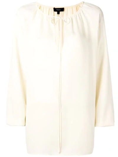 Theory Gathered Neck Blouse In Neutrals