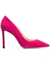 Jimmy Choo Romy 100 Raspberry Suede Pointy Toe Pumps