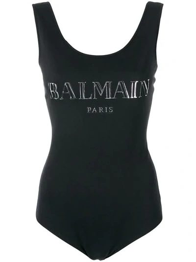 Balmain 3d Metallic Logo Cotton Bodysuit In Black