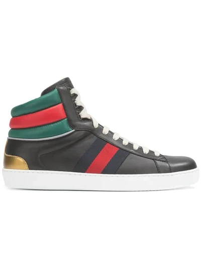 Gucci Ace Stripe High Top Sneakers In Black