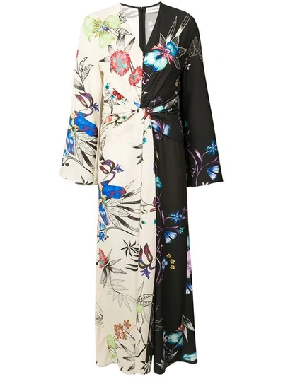 Etro Long-sleeve Floral-print Bi-color V-neck Shirred Wrap Dress In Cream