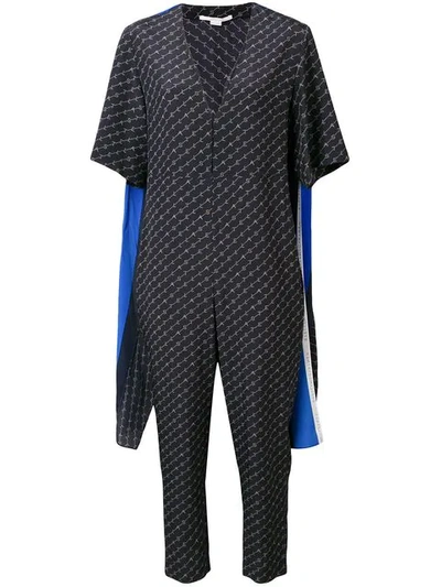 Stella Mccartney Scarf-back V-neck Monogram-print Silk Jumpsuit In Blue