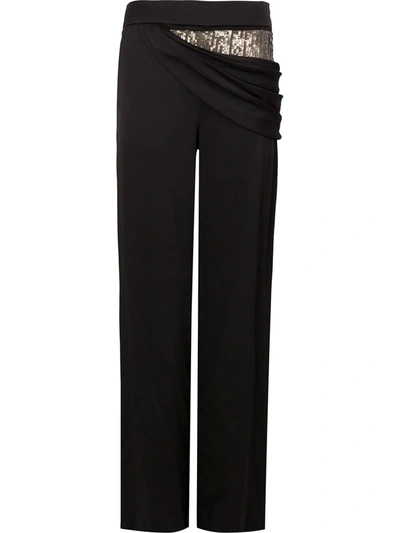 Monse Sequin-panel Draped Wide-leg Stretch-wool Trousers In Black