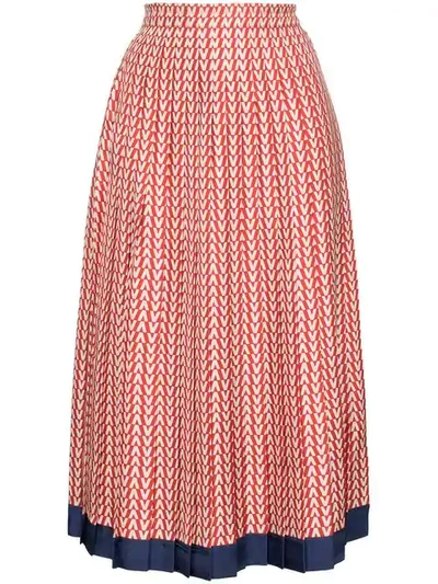 Valentino V-print Silk Twill Pleated Midi Skirt In Red