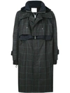 SACAI CHECKED HOODED TRENCH