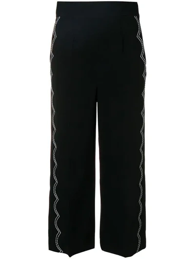 Red Valentino Scalloped Contrast Stitch Crop Wide Leg Trousers In Black